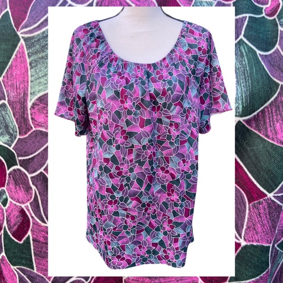 Vintage 70s-80s Purple Green Floral Flutter Sleeve Blouse Stained Glass L - Picture 1 of 7